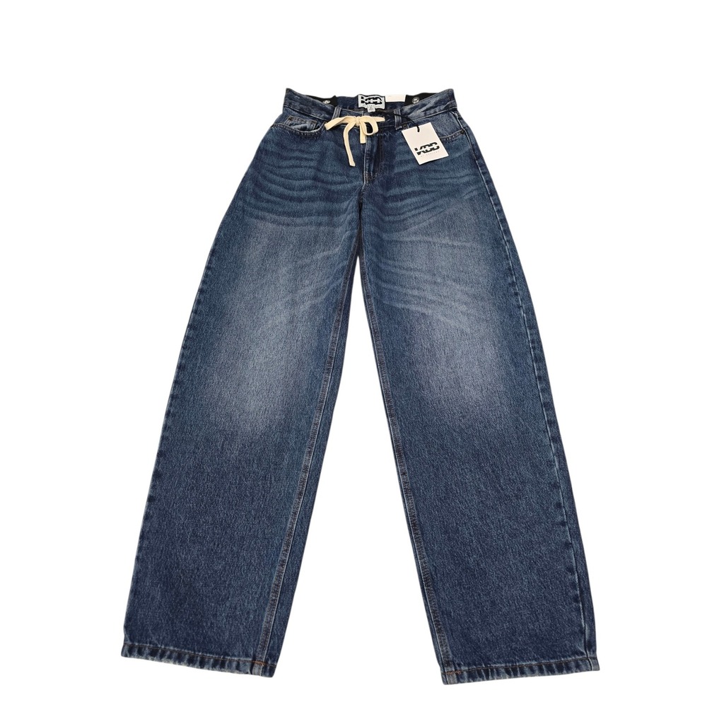 KBB by Kahlana Barrel Leg Jeans Womens Size 2 Blue Denim Mid Rise Drawstring NEW